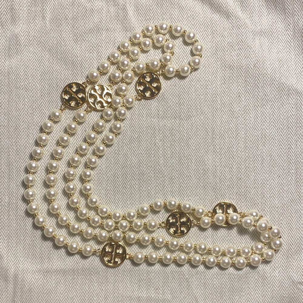 Tory Burch Elegant Ropes & Lariats Gold and Pearl Necklace